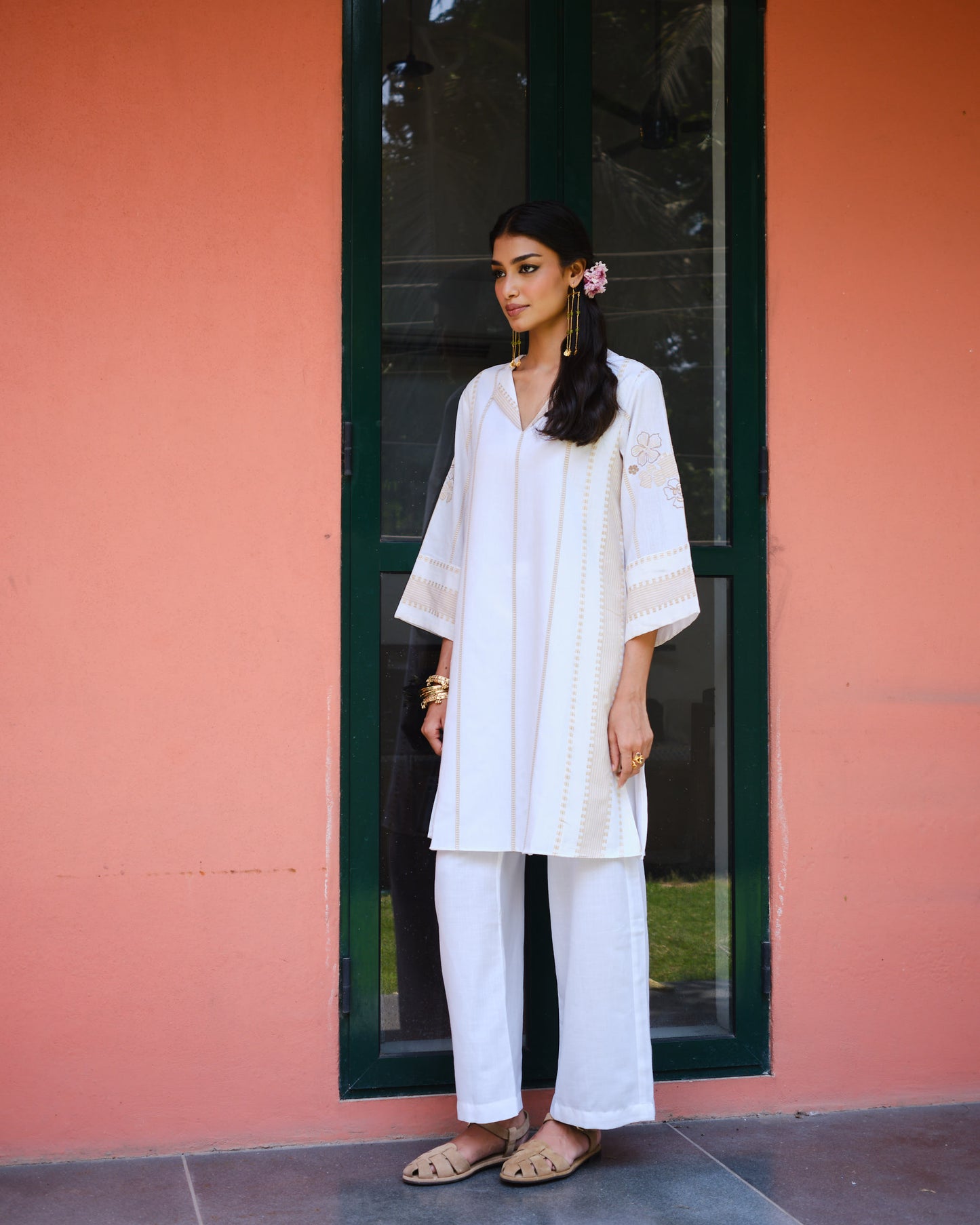 White Cotton Tunic Set with Bell Sleeves & Gold Accents
