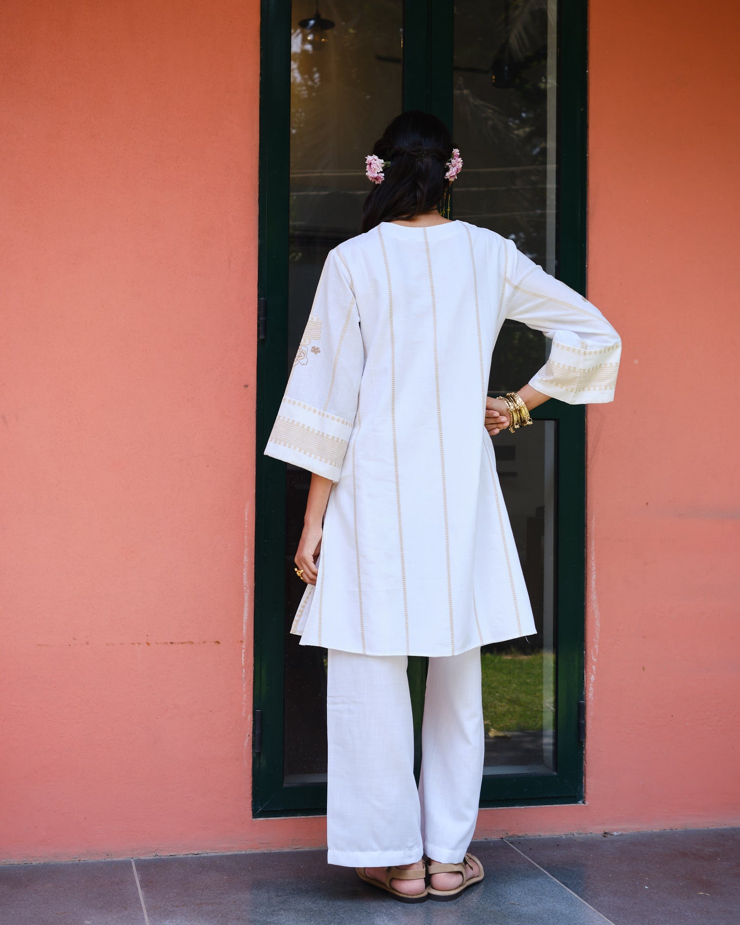 White Cotton Tunic Set with Bell Sleeves & Gold Accents