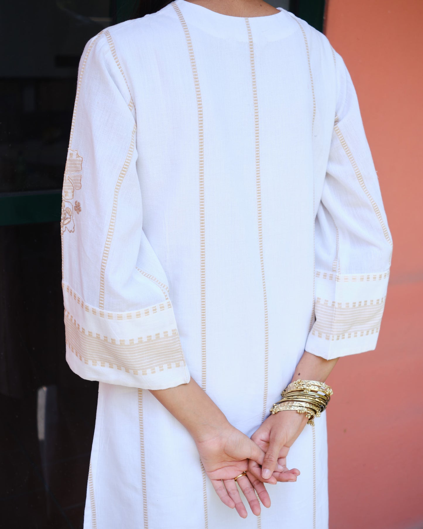 White Cotton Tunic Set with Bell Sleeves & Gold Accents