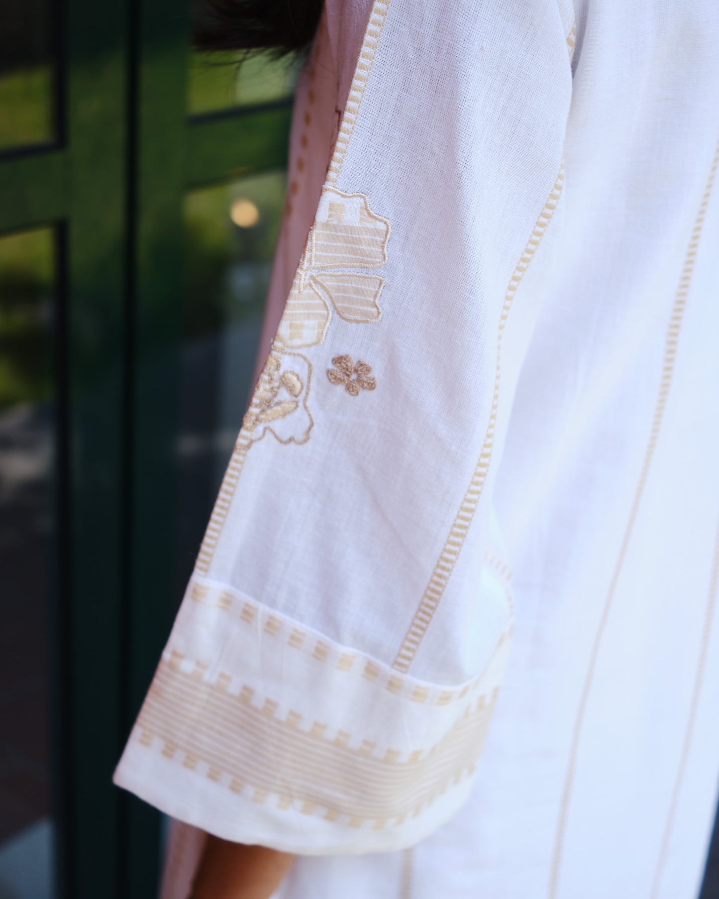 White Cotton Tunic Set with Bell Sleeves & Gold Accents