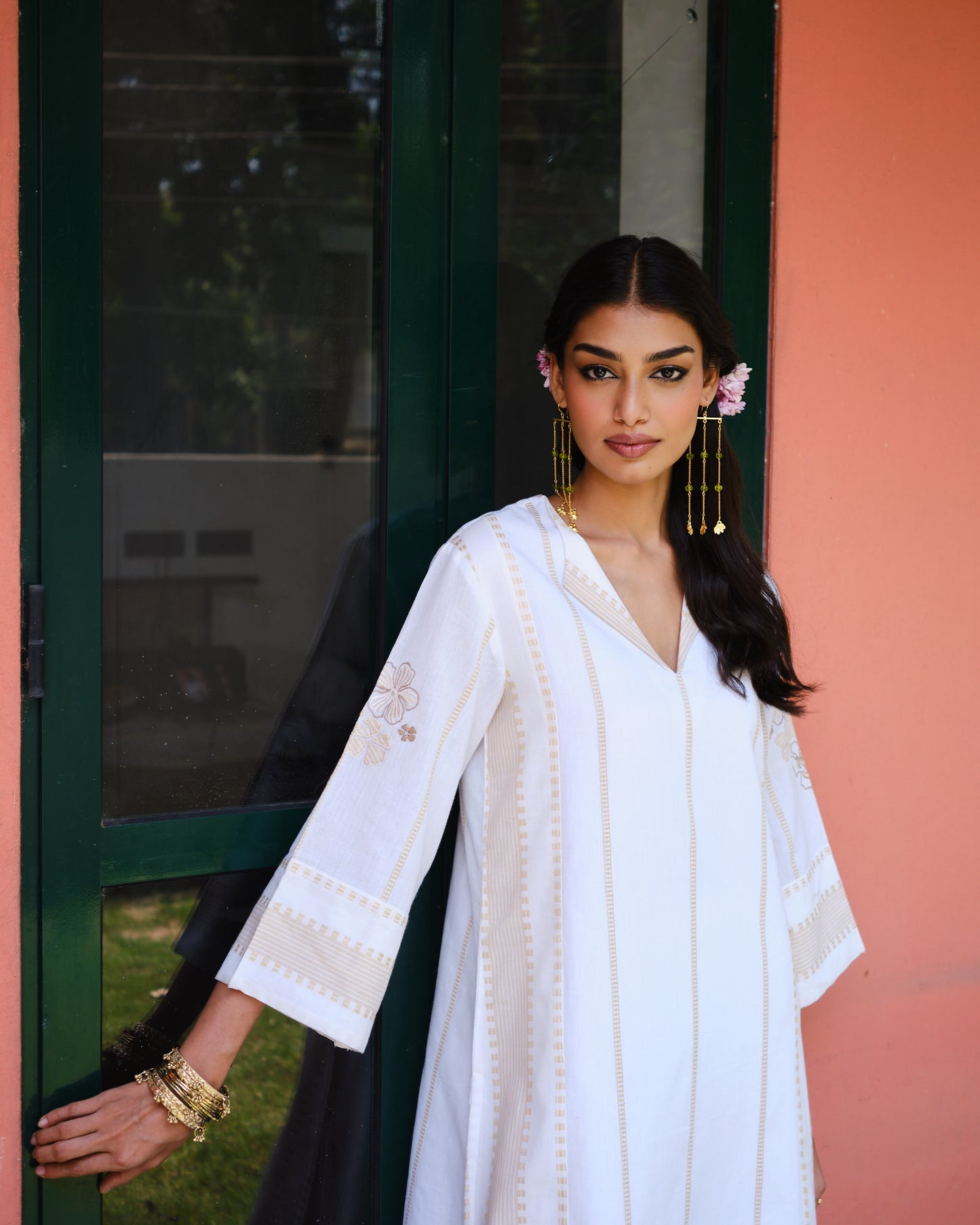 White Cotton Tunic Set with Bell Sleeves & Gold Accents