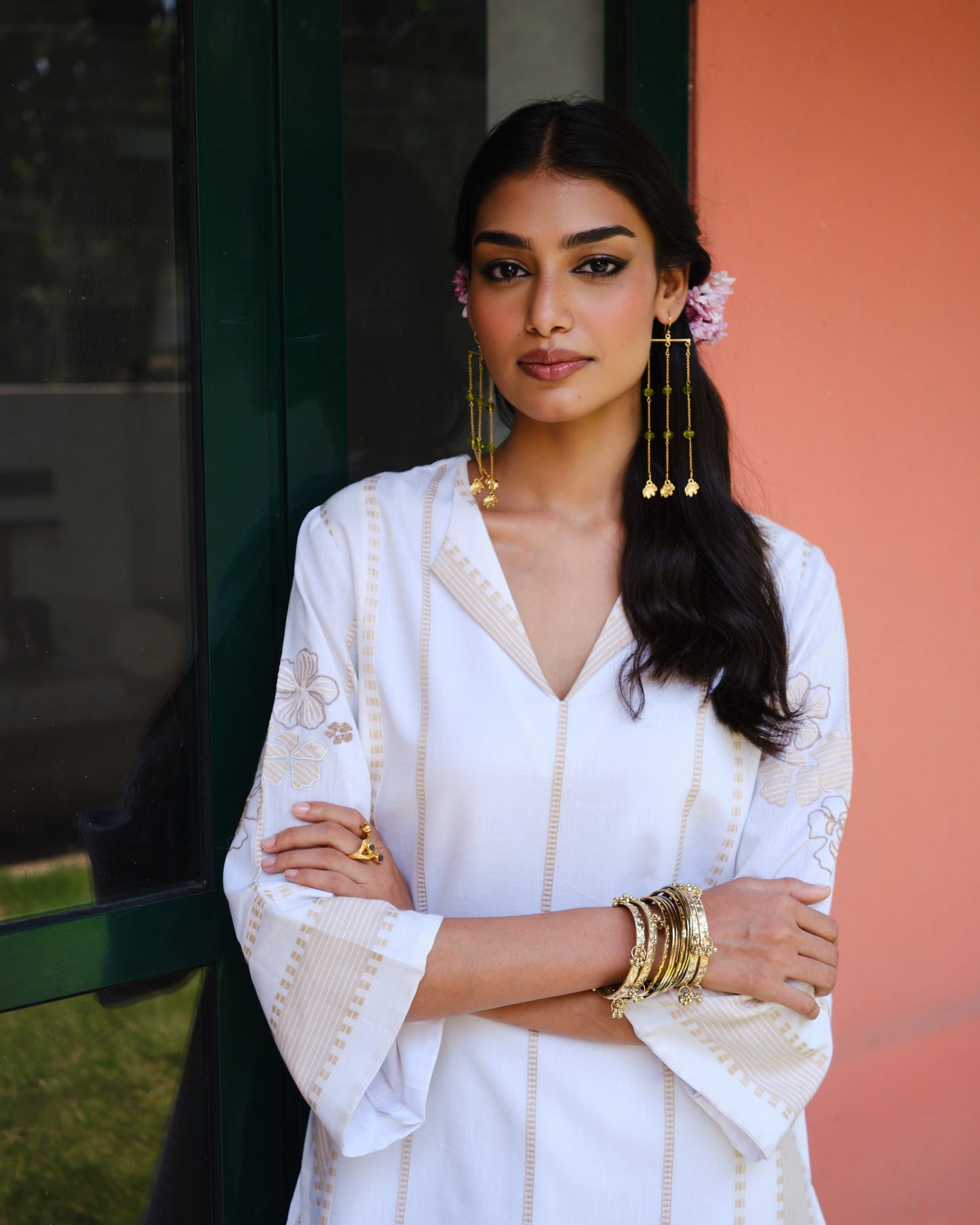 White Cotton Tunic Set with Bell Sleeves & Gold Accents