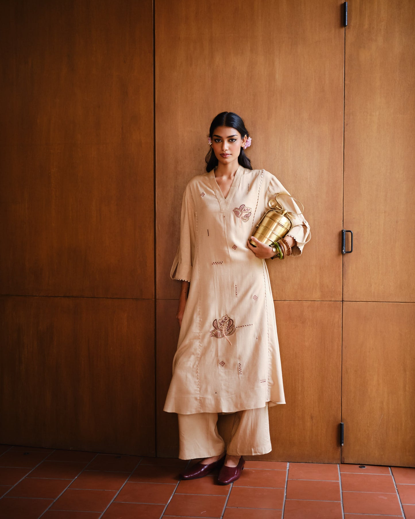Beige Floral Embroidered Kurta Set in Fluid Viscose