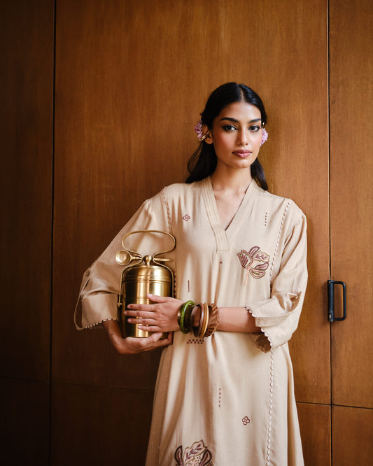 Beige Floral Embroidered Kurta Set in Fluid Viscose