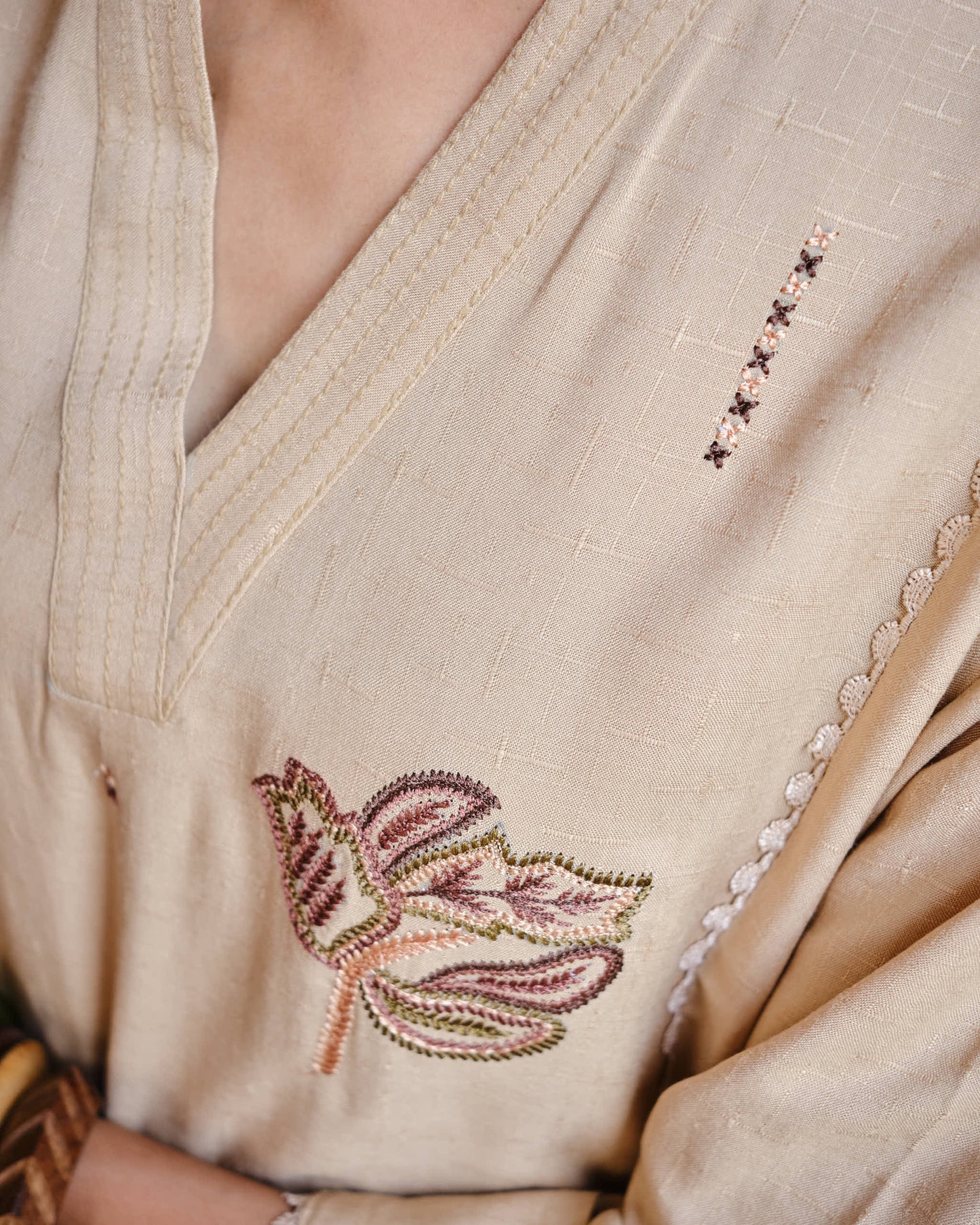 Beige Floral Embroidered Kurta Set in Fluid Viscose