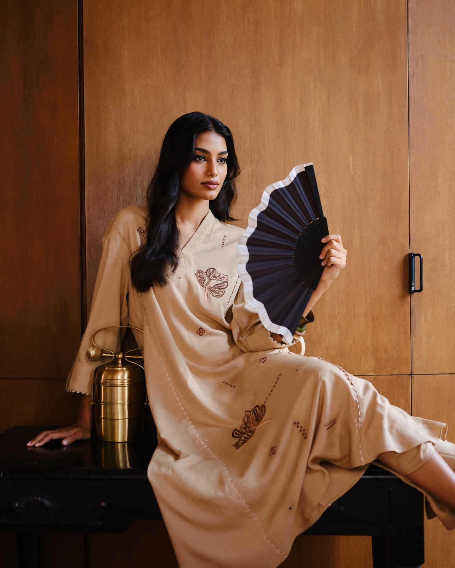 Beige Floral Embroidered Kurta Set in Fluid Viscose