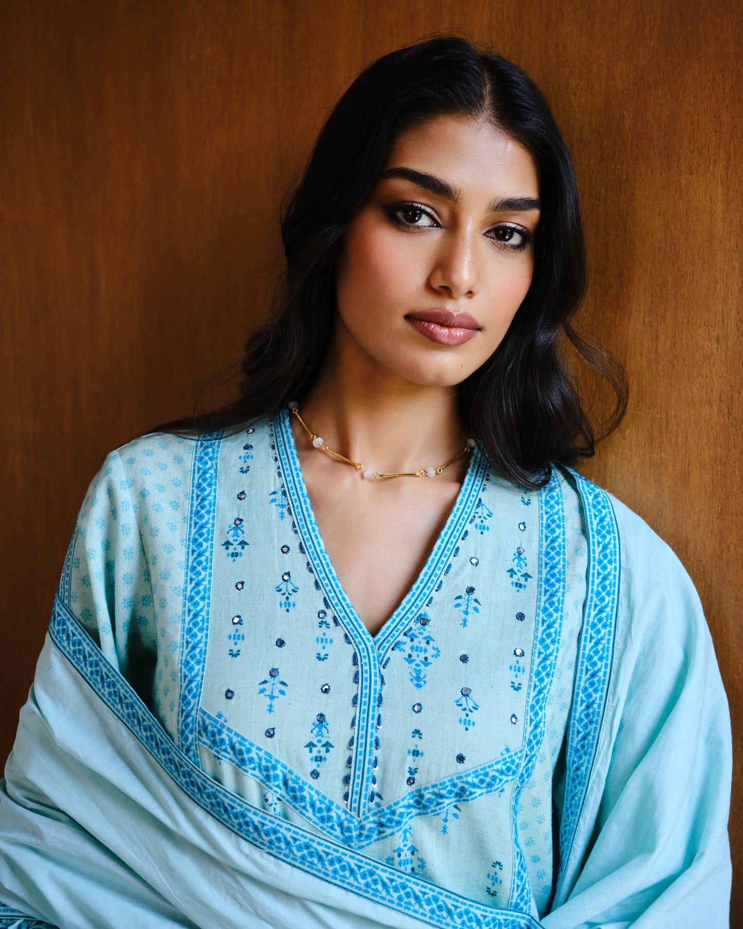 Whisper Blue Cotton Embroidered Suit Set with Mulmul Dupatta