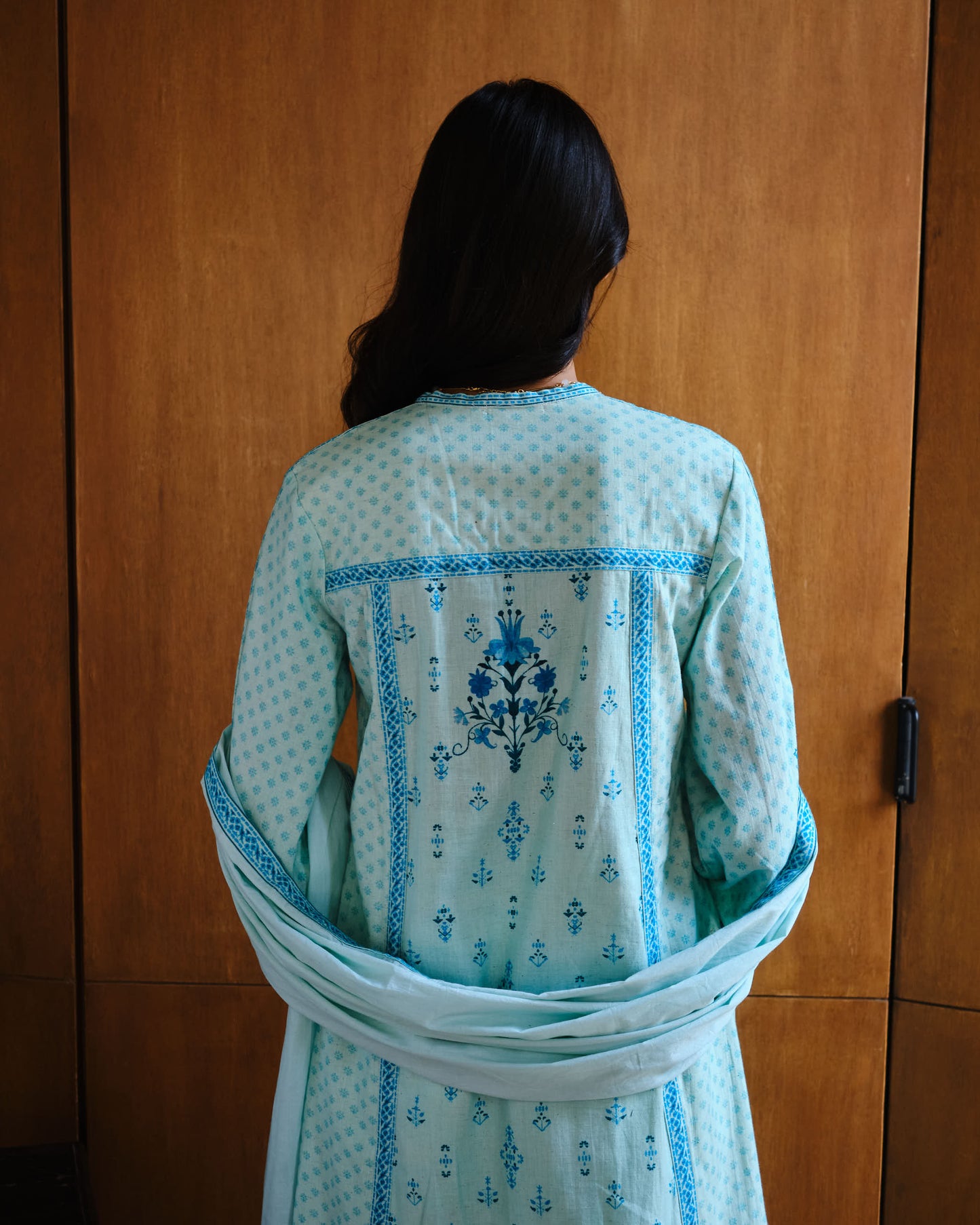 Whisper Blue Cotton Embroidered Suit Set with Mulmul Dupatta