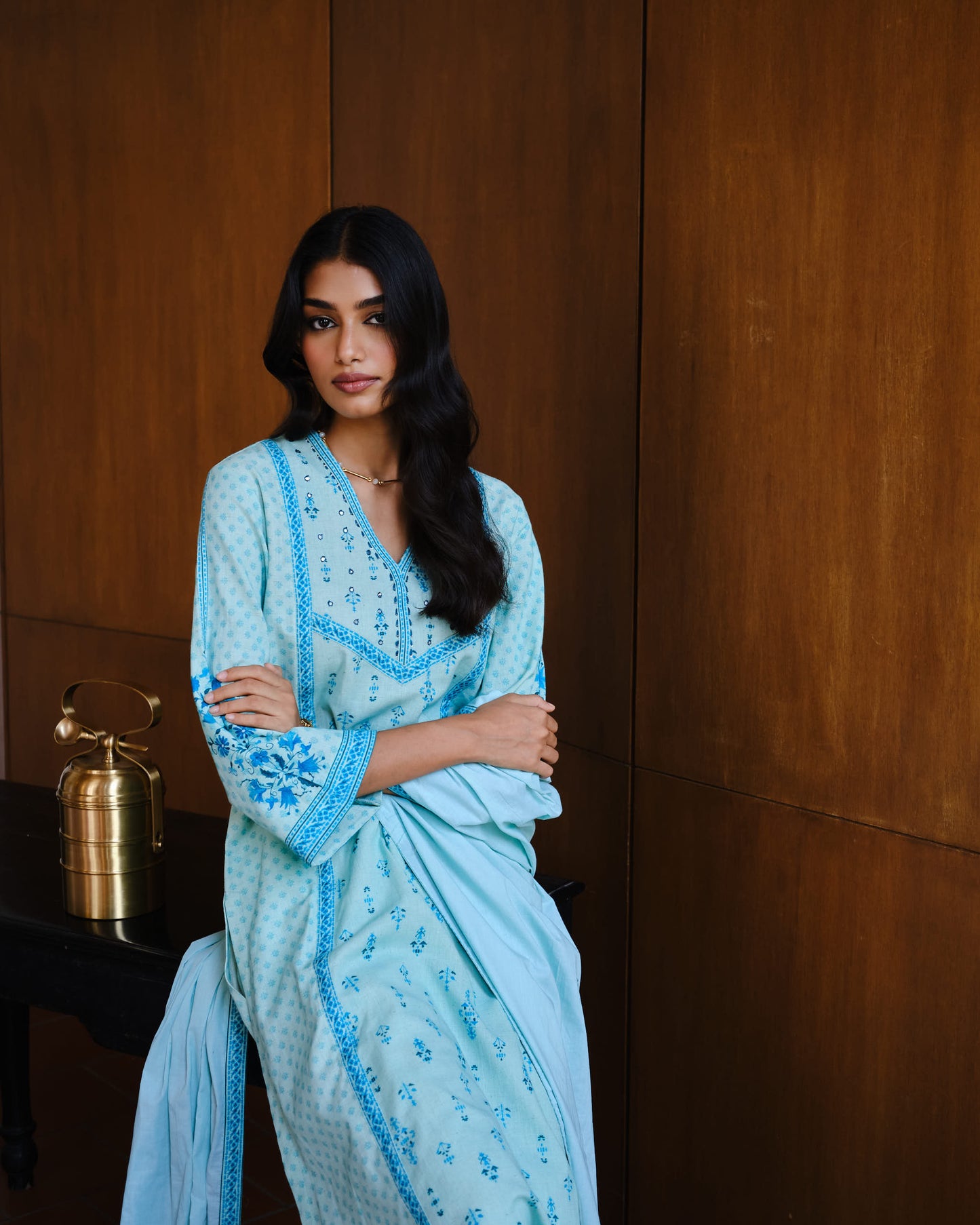 Whisper Blue Cotton Embroidered Suit Set with Mulmul Dupatta