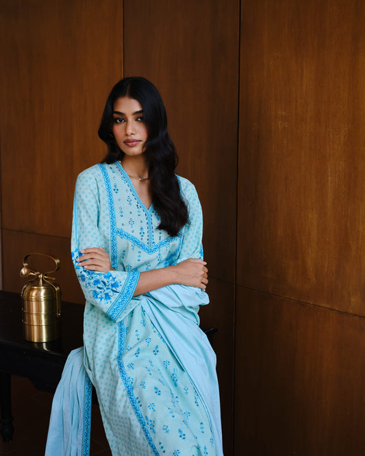 Whisper Blue Cotton Embroidered Suit Set with Mulmul Dupatta