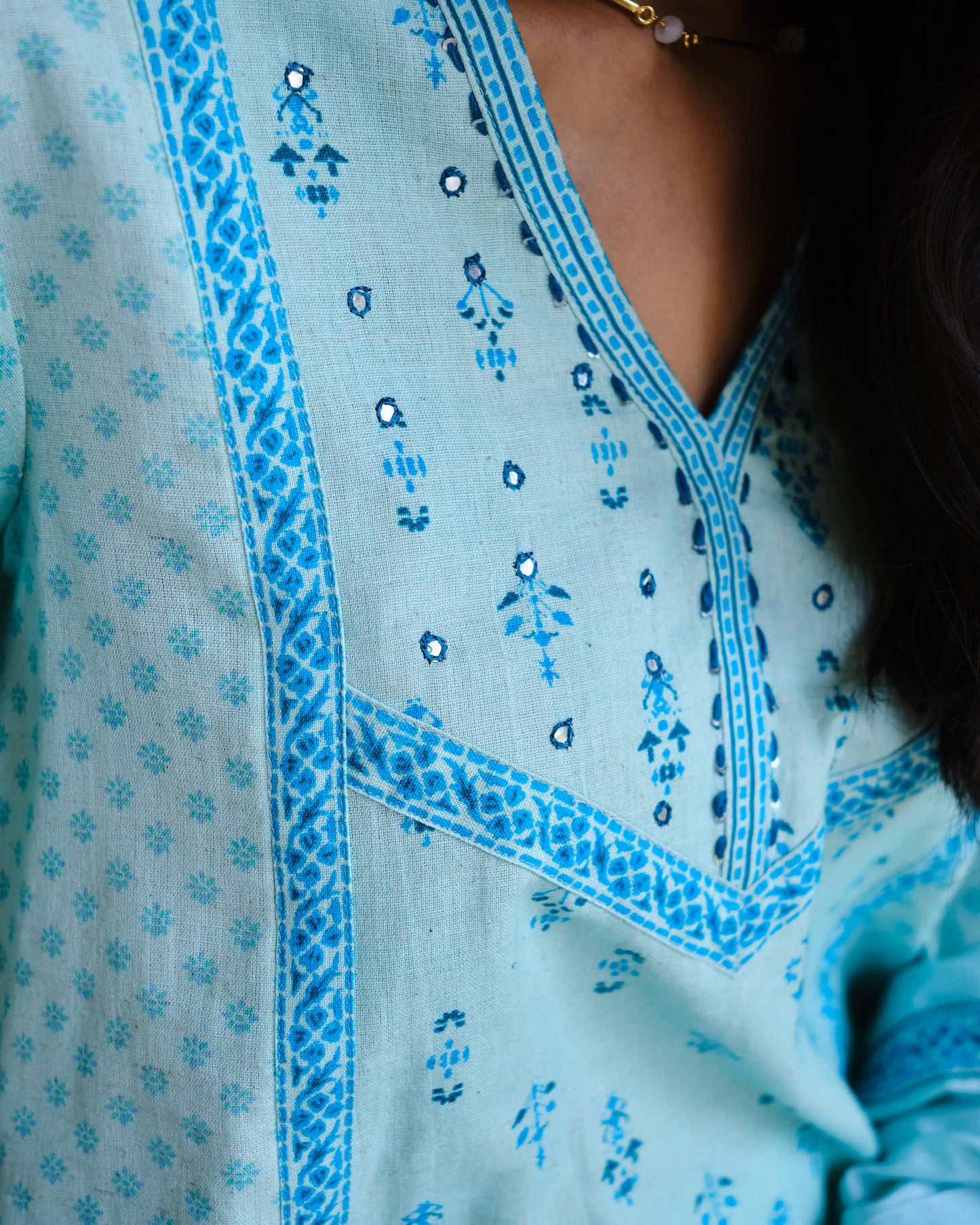 Whisper Blue Cotton Embroidered Suit Set with Mulmul Dupatta