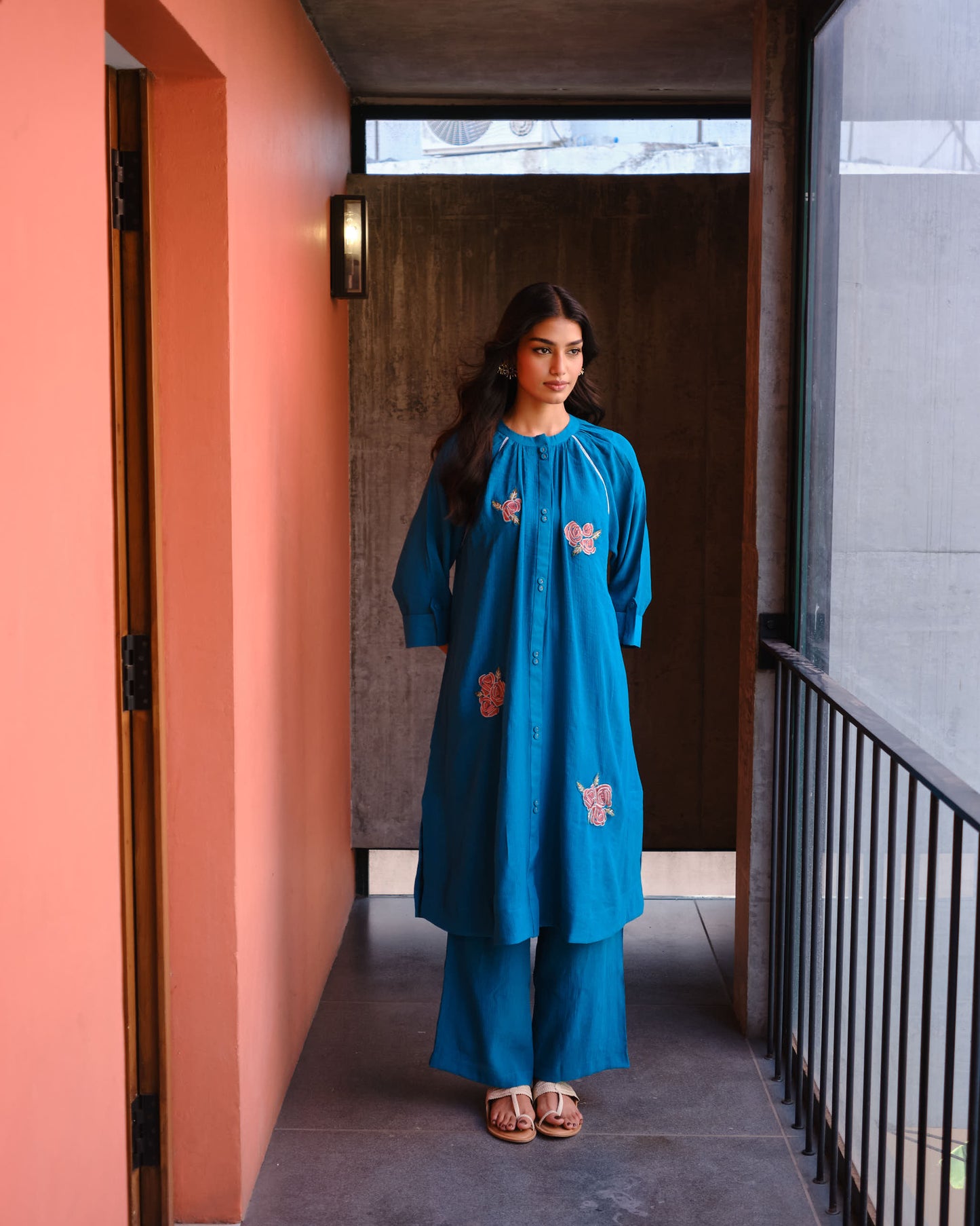 Midnight Teal Embroidered Viscose Blend Kurta Set