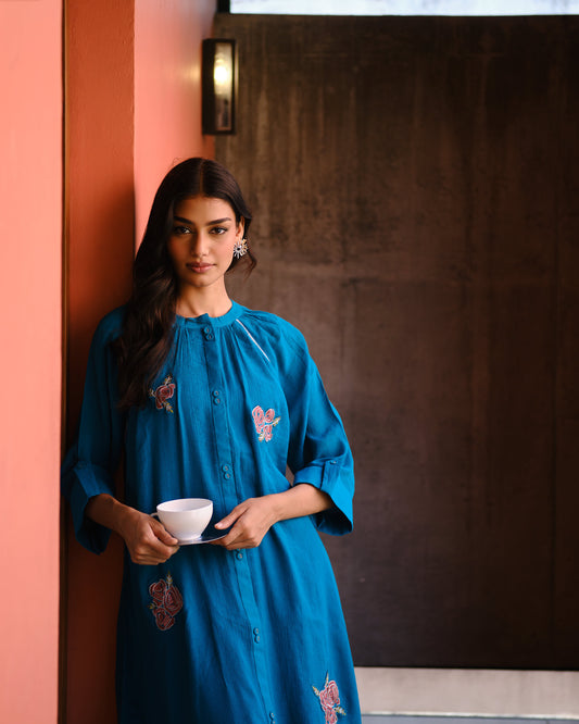 Midnight Teal Embroidered Viscose Blend Kurta Set
