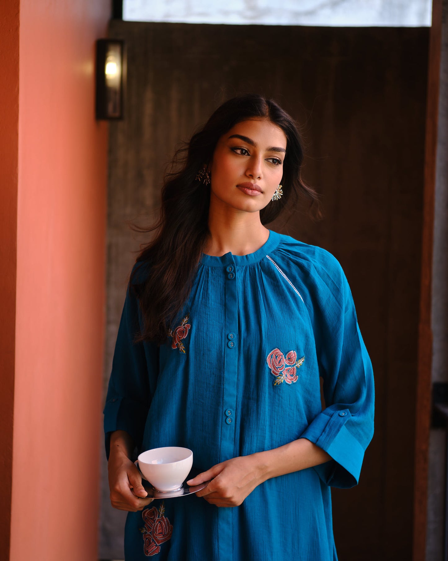 Midnight Teal Embroidered Viscose Blend Kurta Set