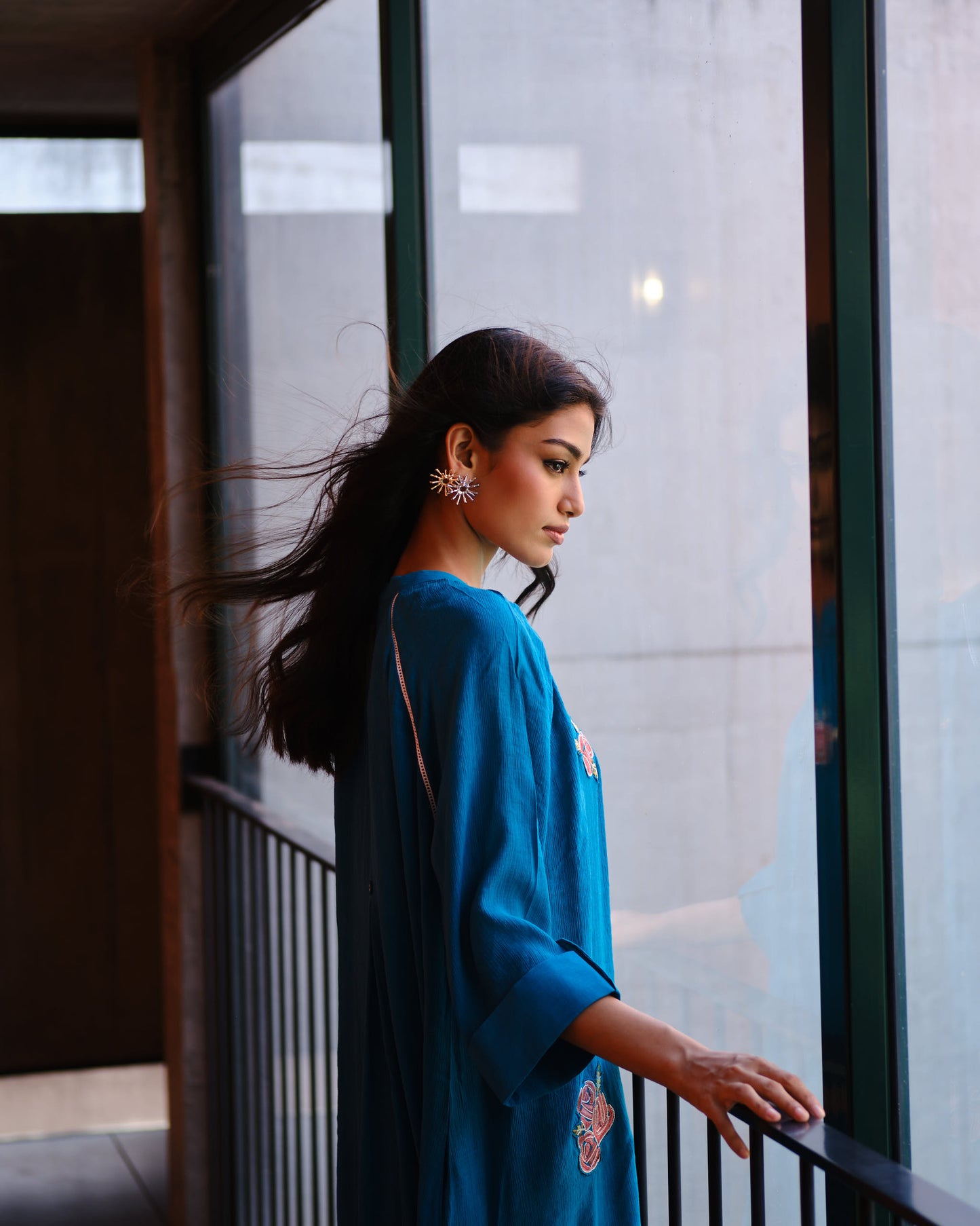 Midnight Teal Embroidered Viscose Blend Kurta Set