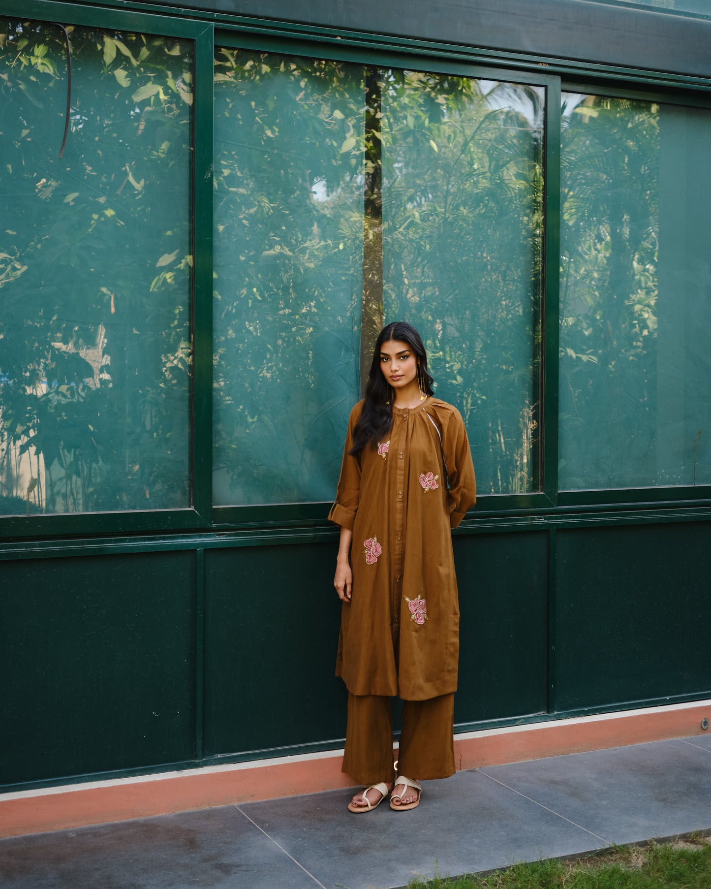 Mocha Rose Embroidered Viscose Blend Kurta Set