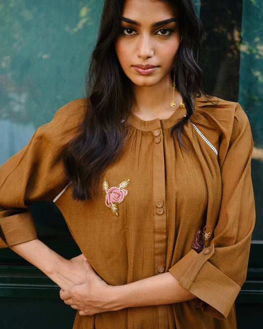 Mocha Rose Embroidered Viscose Blend Kurta Set