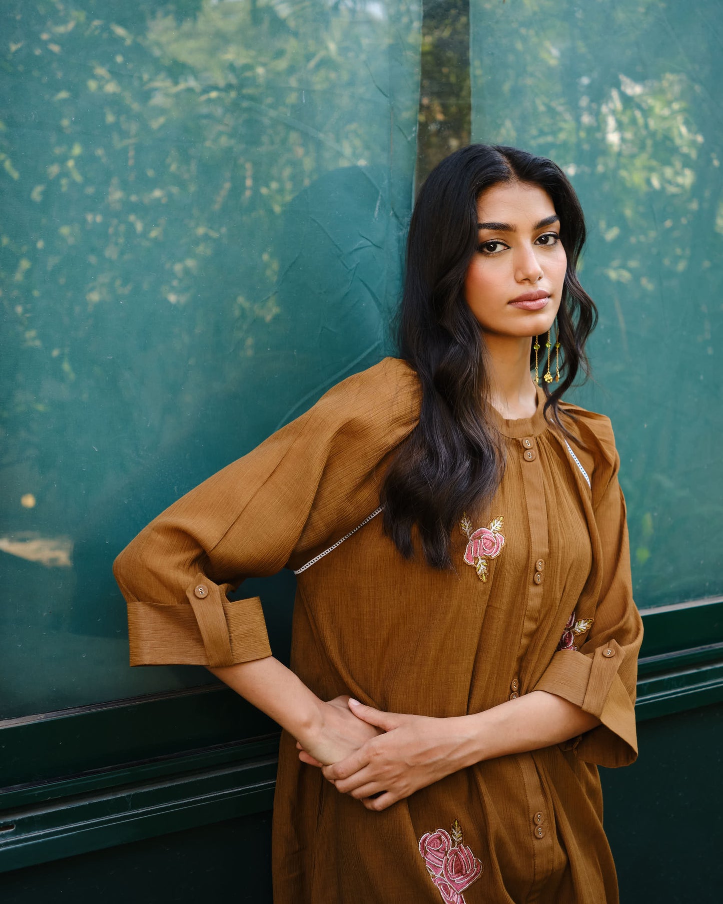 Mocha Rose Embroidered Viscose Blend Kurta Set