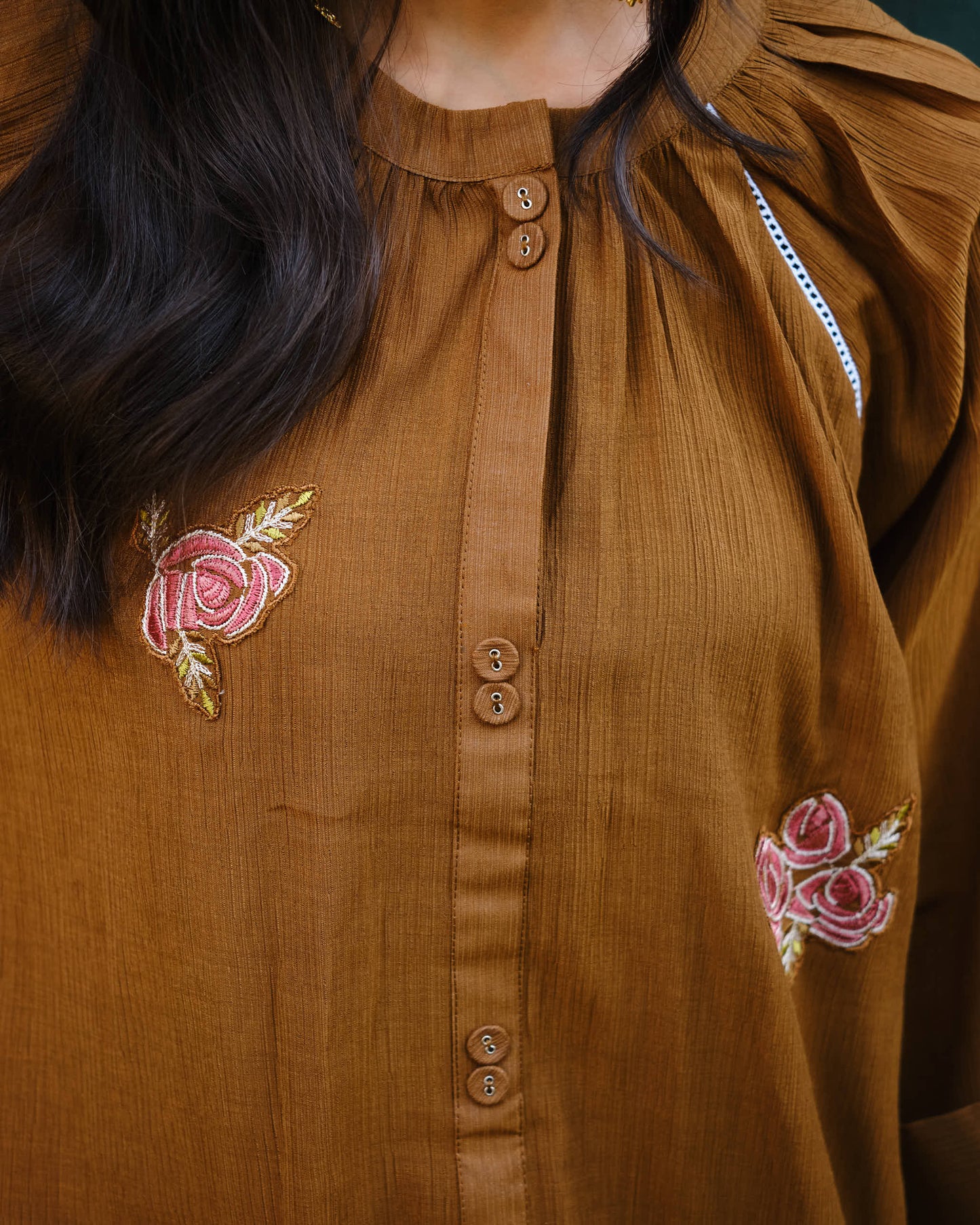 Mocha Rose Embroidered Viscose Blend Kurta Set