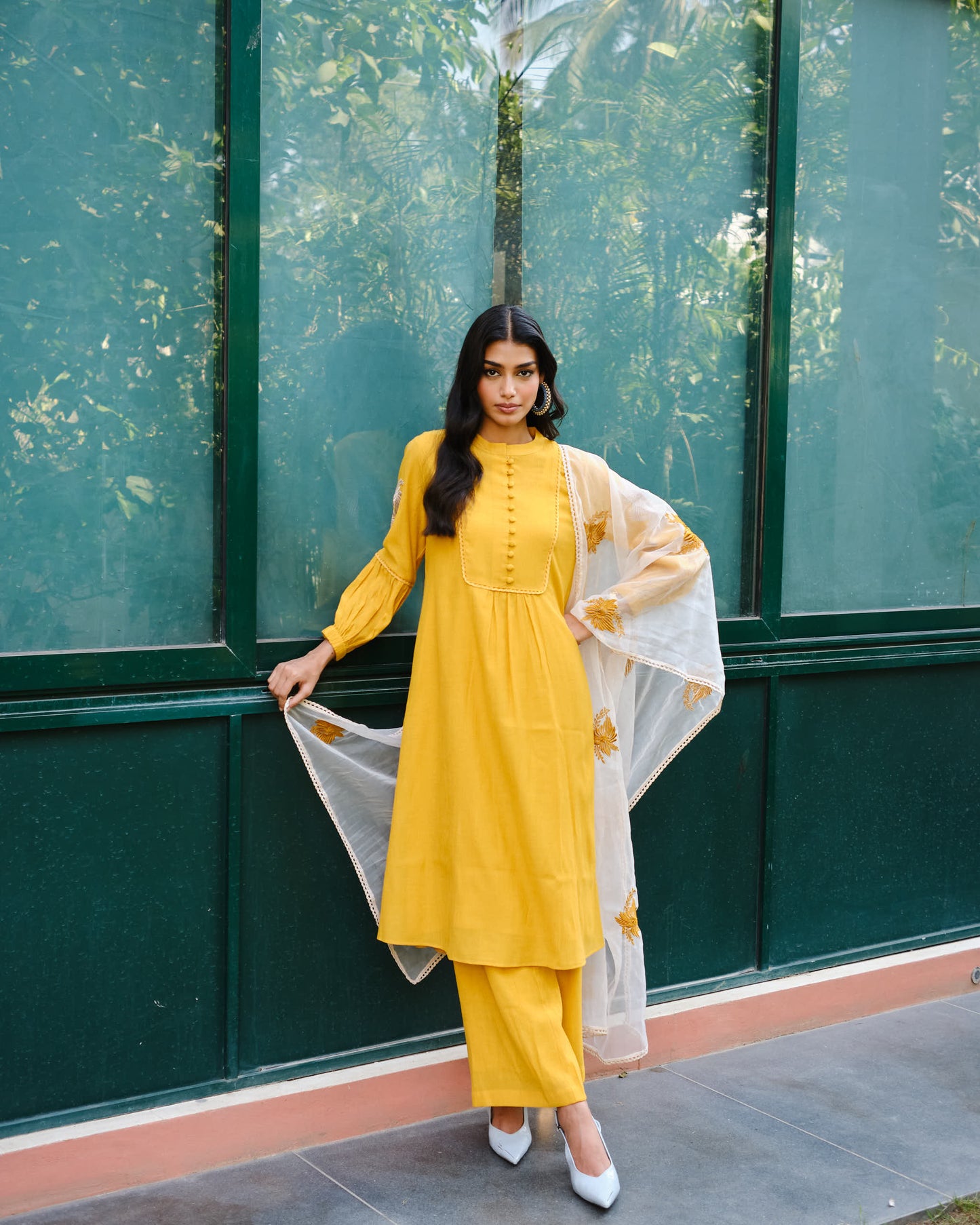 Elegant Mustard Viscose Blend Kurta Set with Organza Dupatta
