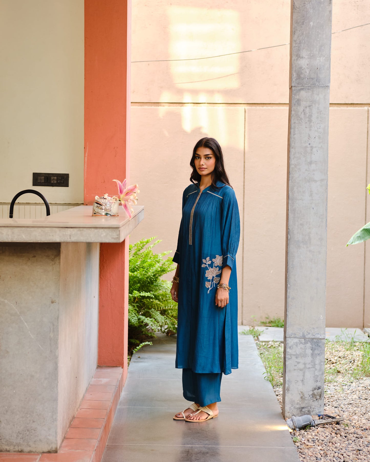 Teal Embroidered Daily Wear Kurta Palazzo Set