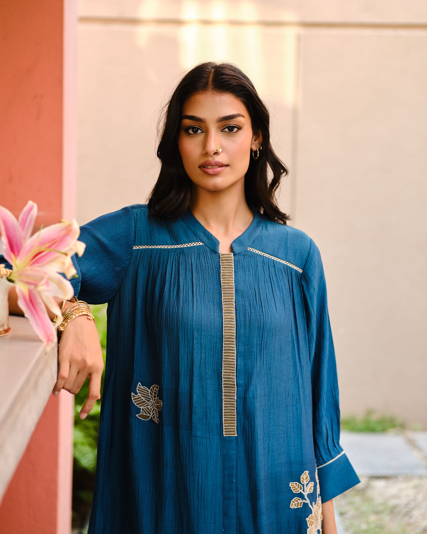 Teal Embroidered Daily Wear Kurta Palazzo Set