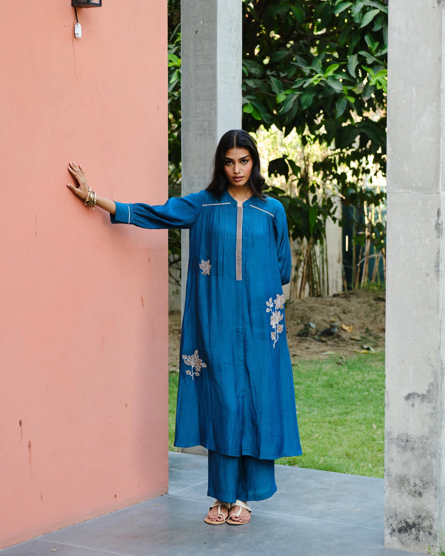 Teal Embroidered Daily Wear Kurta Palazzo Set