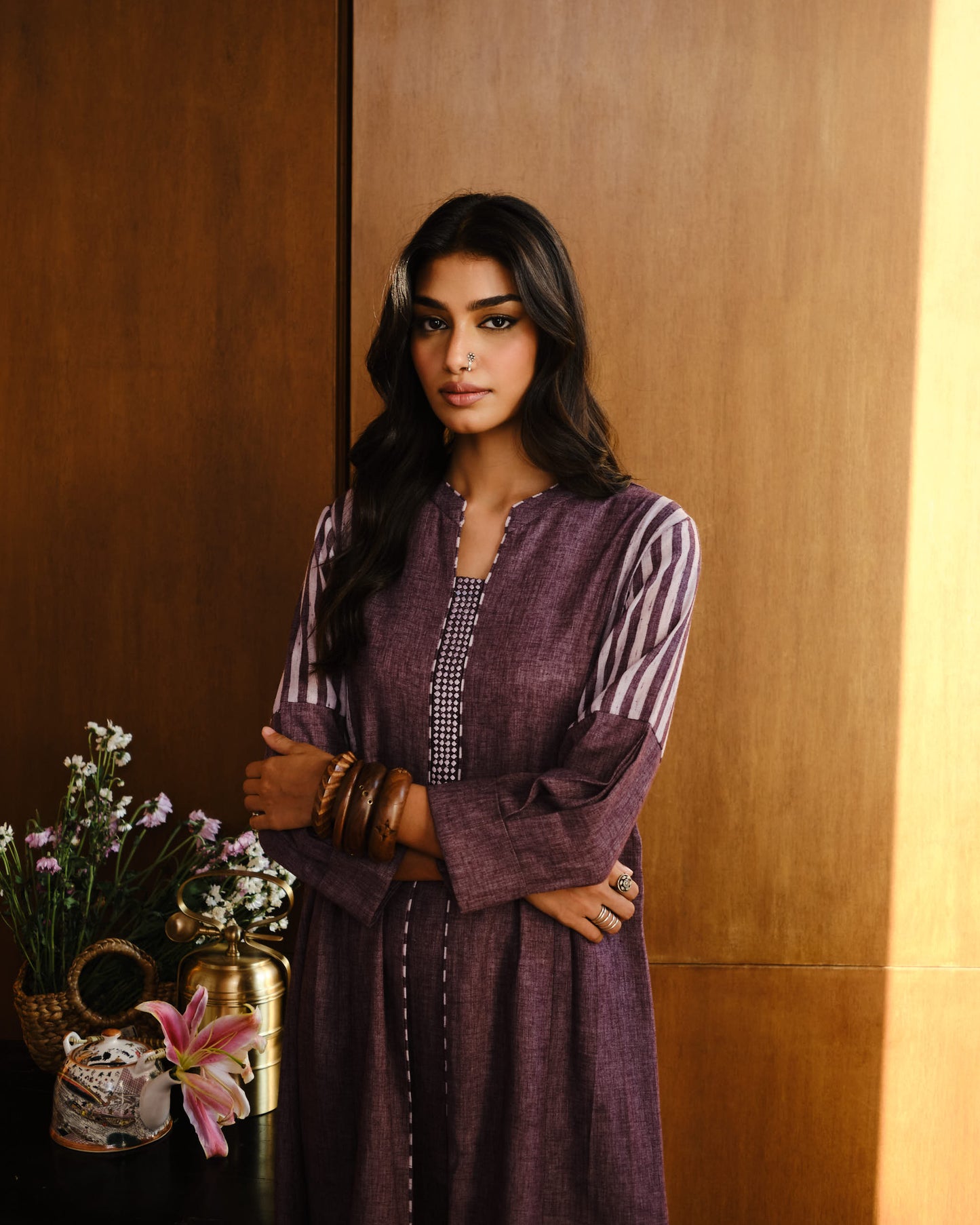 Plum Artisan Stripe Cotton Kurta Set