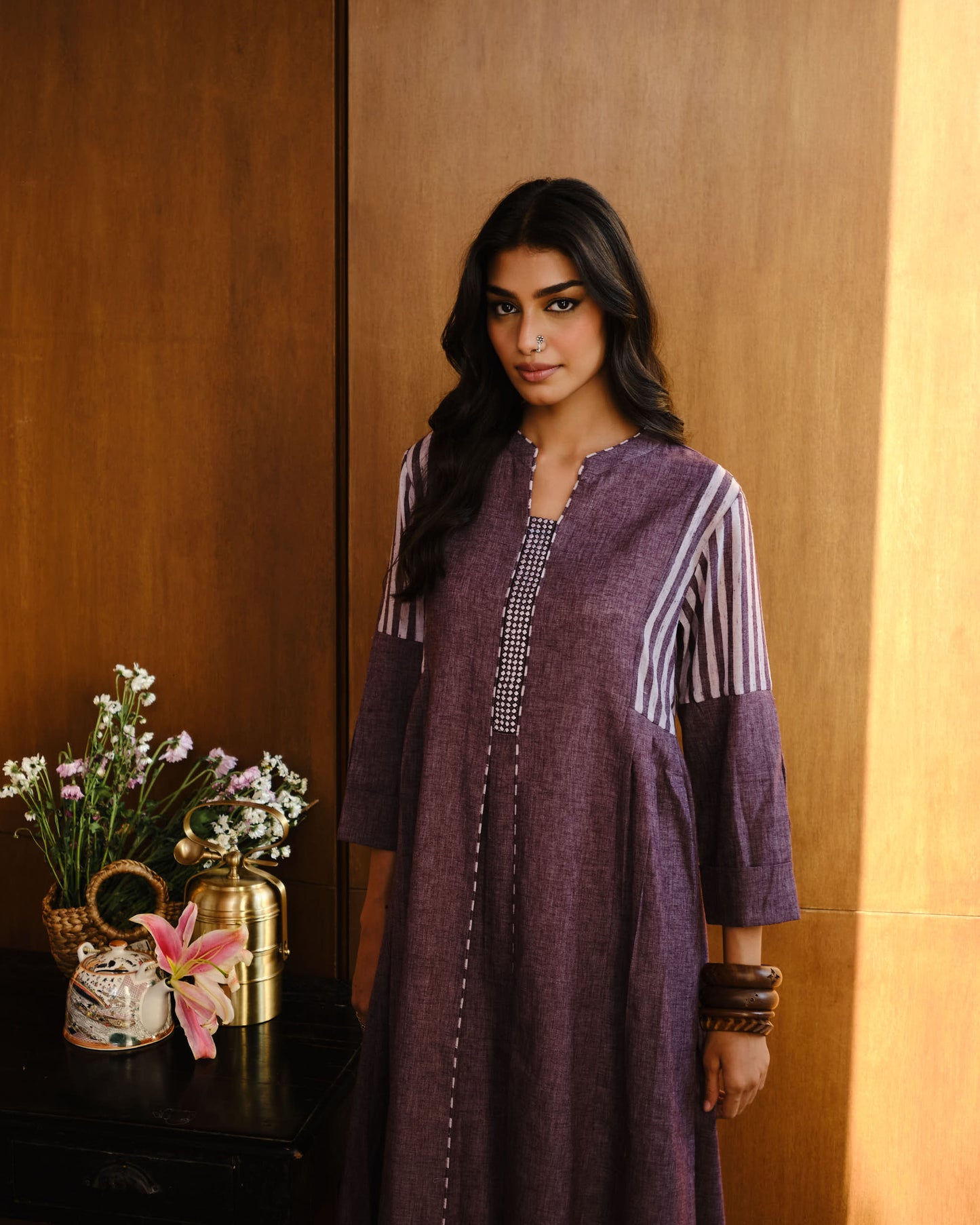Plum Artisan Stripe Cotton Kurta Set