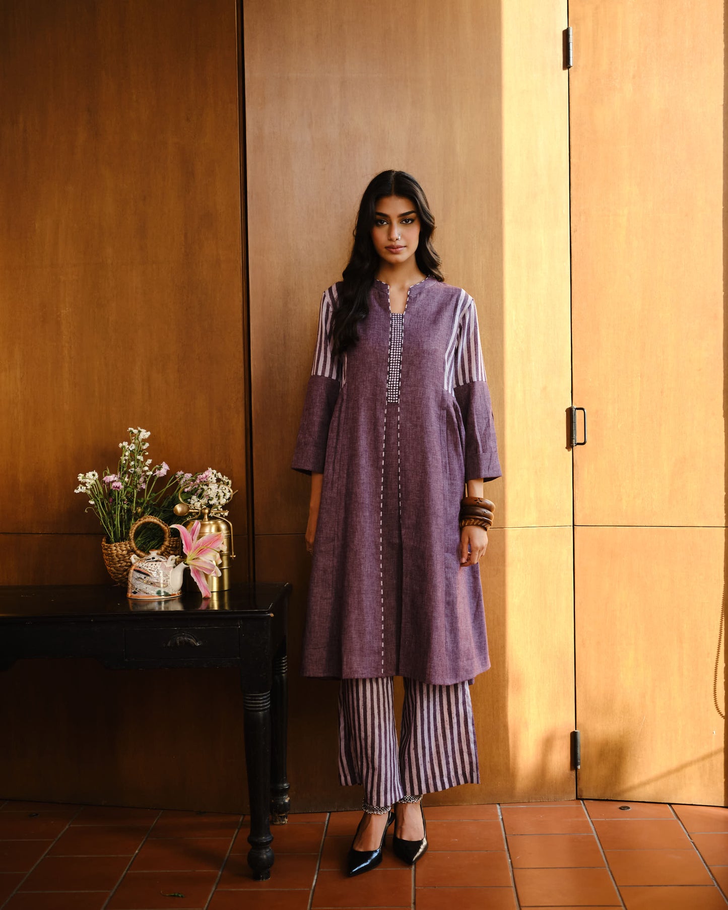 Plum Artisan Stripe Cotton Kurta Set
