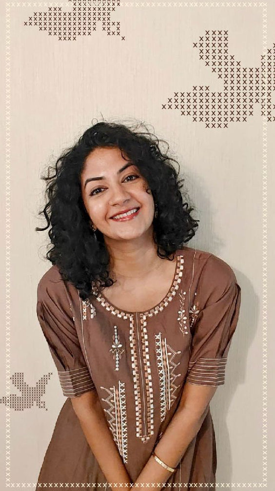 Cocoa Brown Embroidered Cotton Satin A-Line Dress