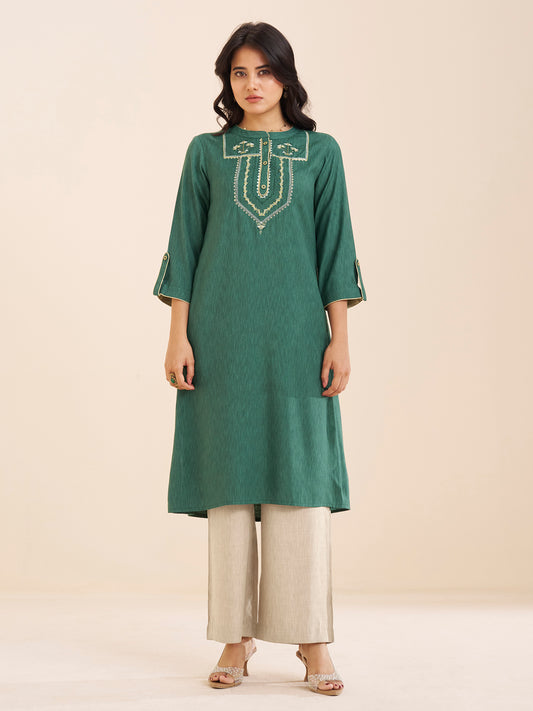 Classic Straight Viscose Blend Kurta with Embroidered Yoke
