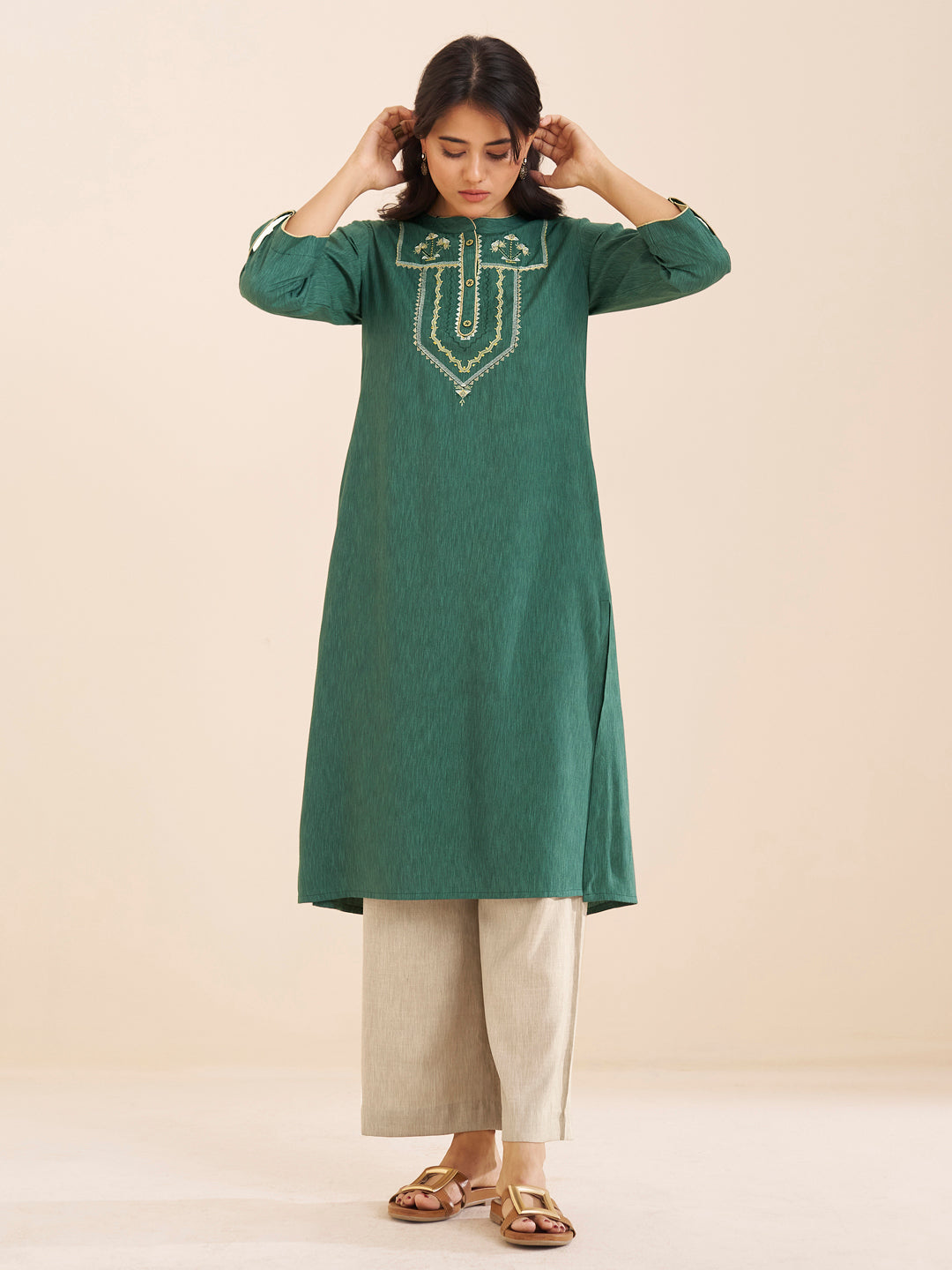 Classic Straight Viscose Blend Kurta with Embroidered Yoke