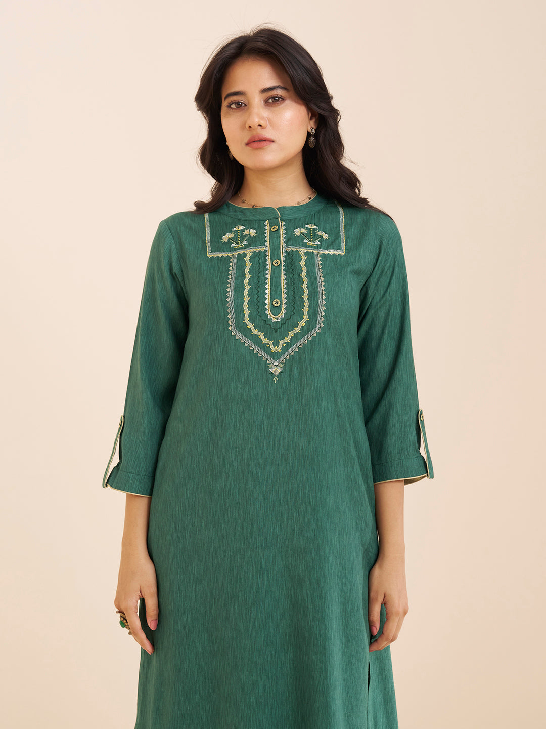 Classic Straight Viscose Blend Kurta with Embroidered Yoke