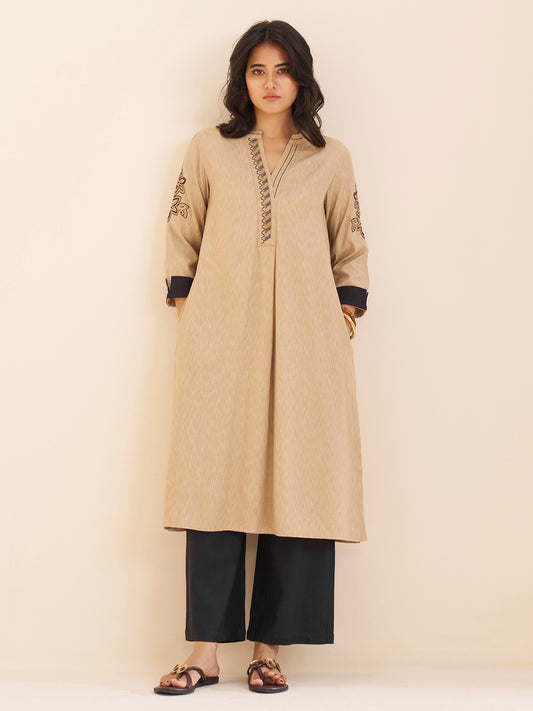 Classic Beige Viscose Blend Kurta with Contrast Accents