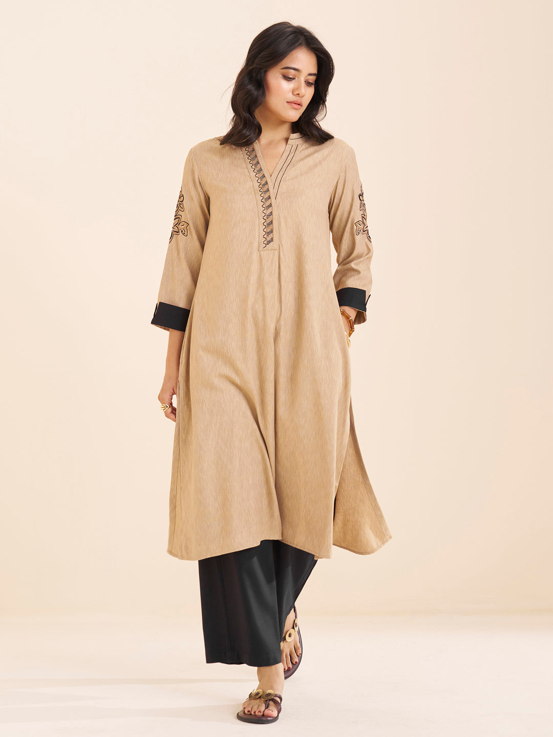 Classic Beige Viscose Blend Kurta with Contrast Accents