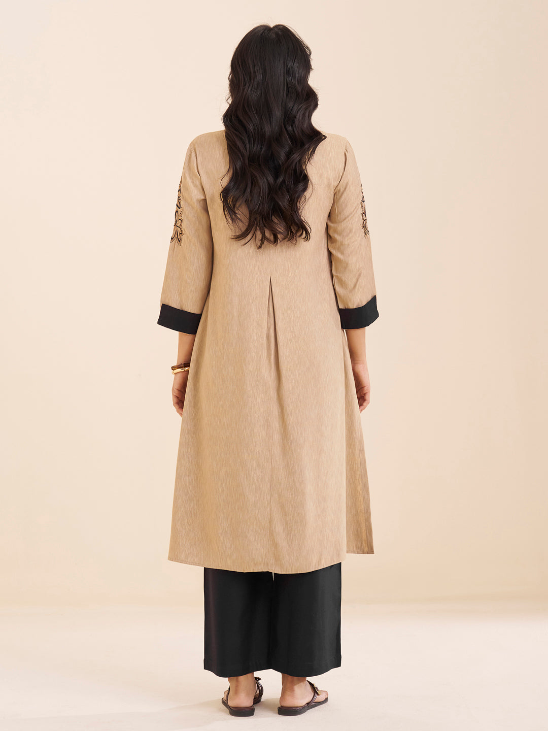 Classic Beige Viscose Blend Kurta with Contrast Accents