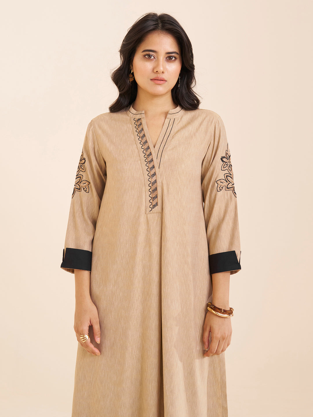 Classic Beige Viscose Blend Kurta with Contrast Accents