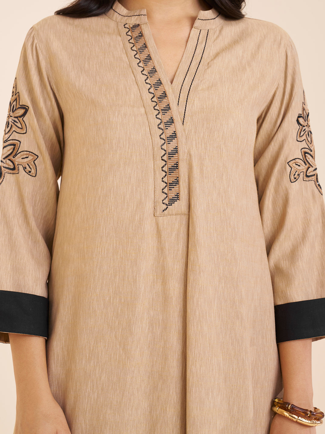 Classic Beige Viscose Blend Kurta with Contrast Accents