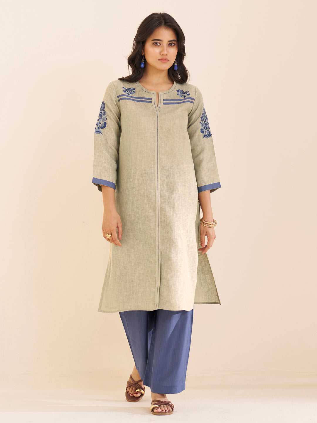Women Beige Viscose Blend Kurta Set with Subtle Embroidery