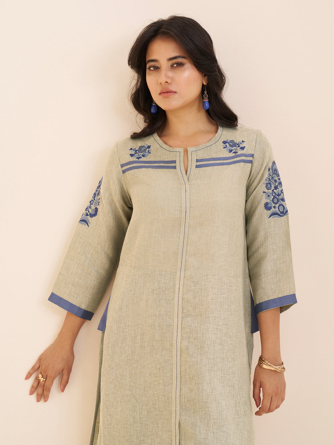 Women Beige Viscose Blend Kurta Set with Subtle Embroidery