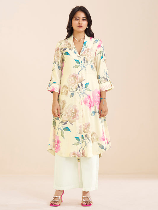 Graceful Cream Linen Blend Kurta with Pink Floral Print