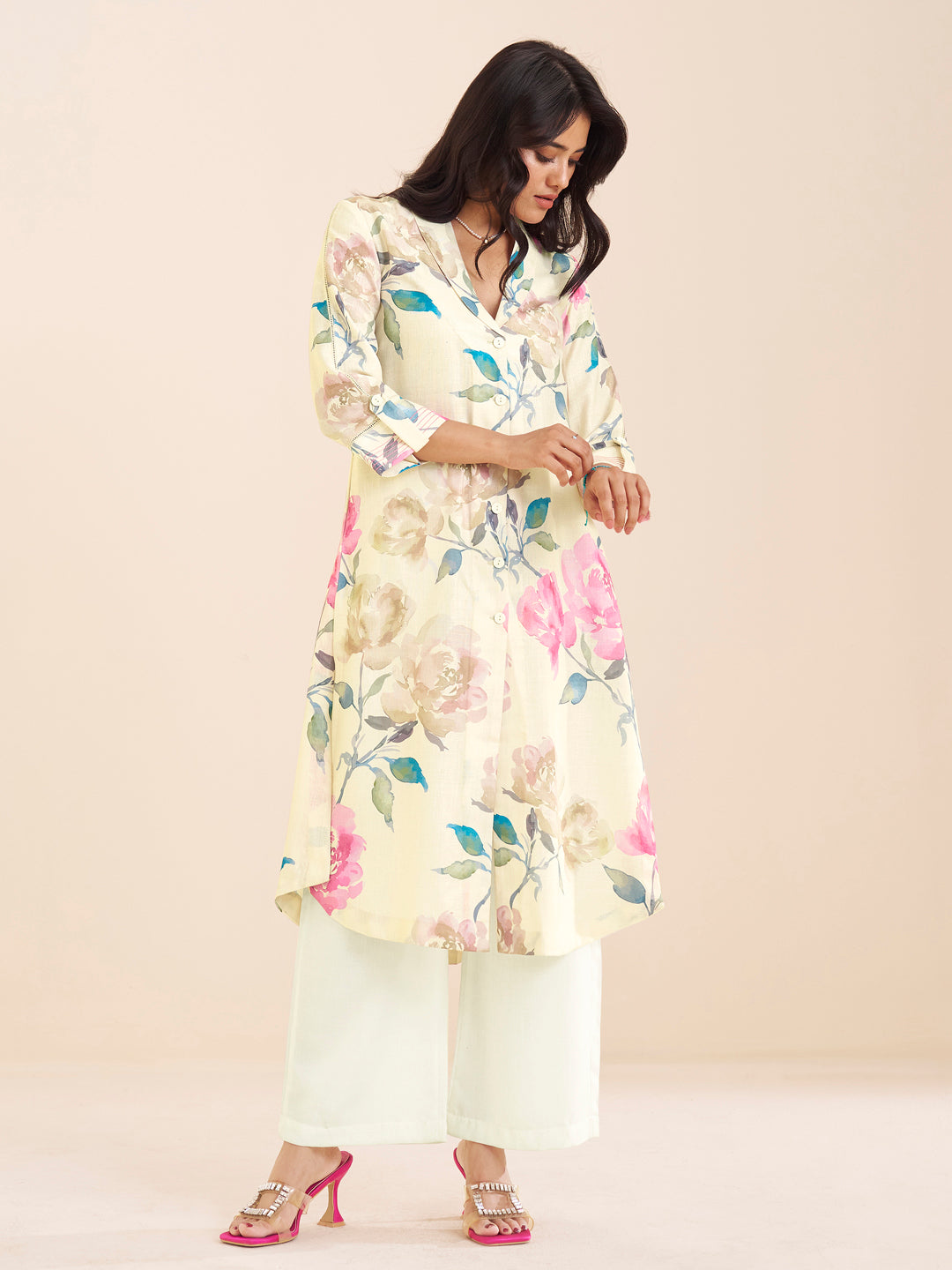 Graceful Cream Linen Blend Kurta with Pink Floral Print