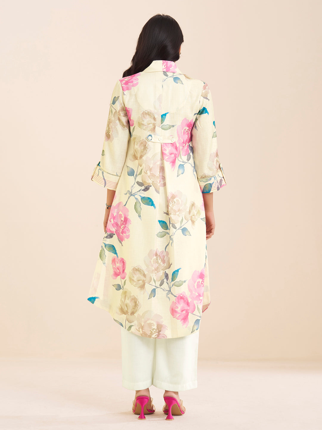 Graceful Cream Linen Blend Kurta with Pink Floral Print