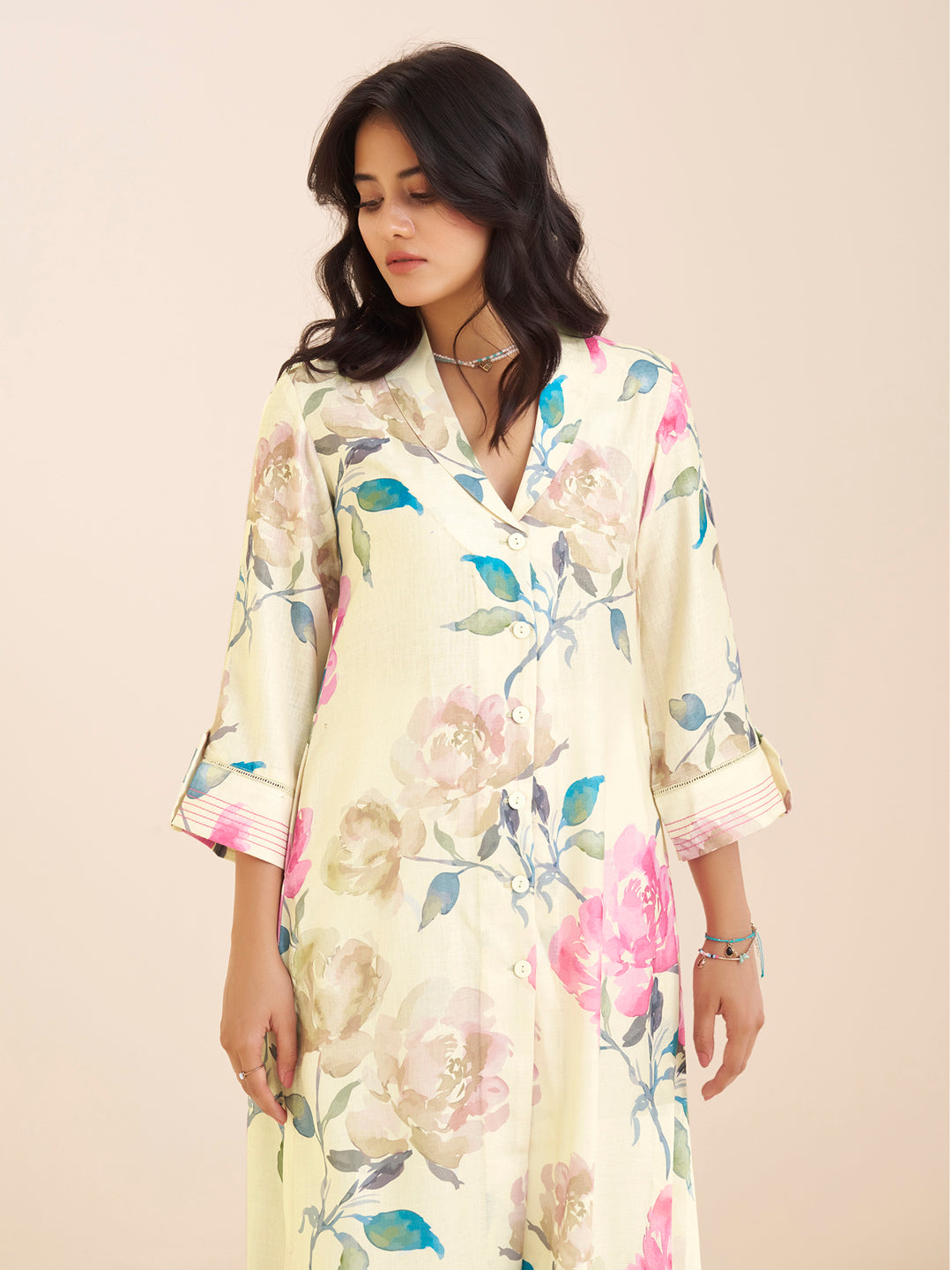 Graceful Cream Linen Blend Kurta with Pink Floral Print