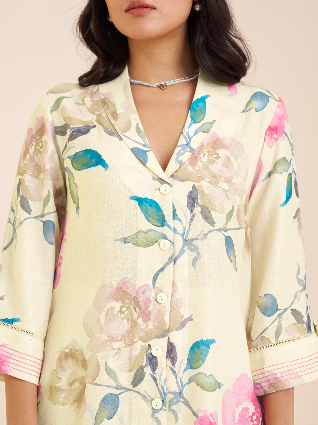 Graceful Cream Linen Blend Kurta with Pink Floral Print
