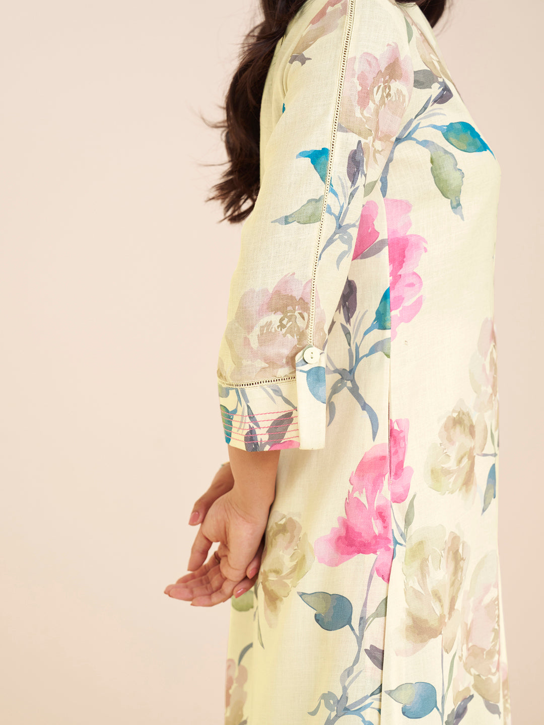 Graceful Cream Linen Blend Kurta with Pink Floral Print