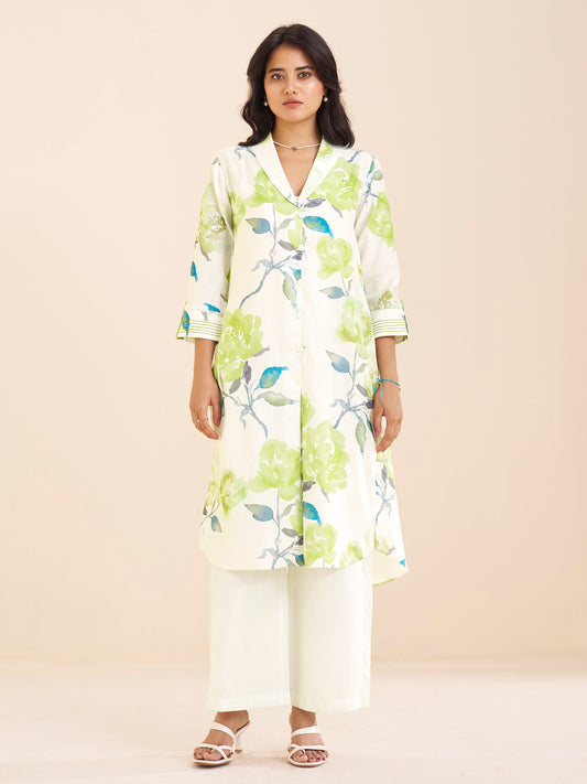 Elegant White Linen Blend Kurta with Green Floral Print