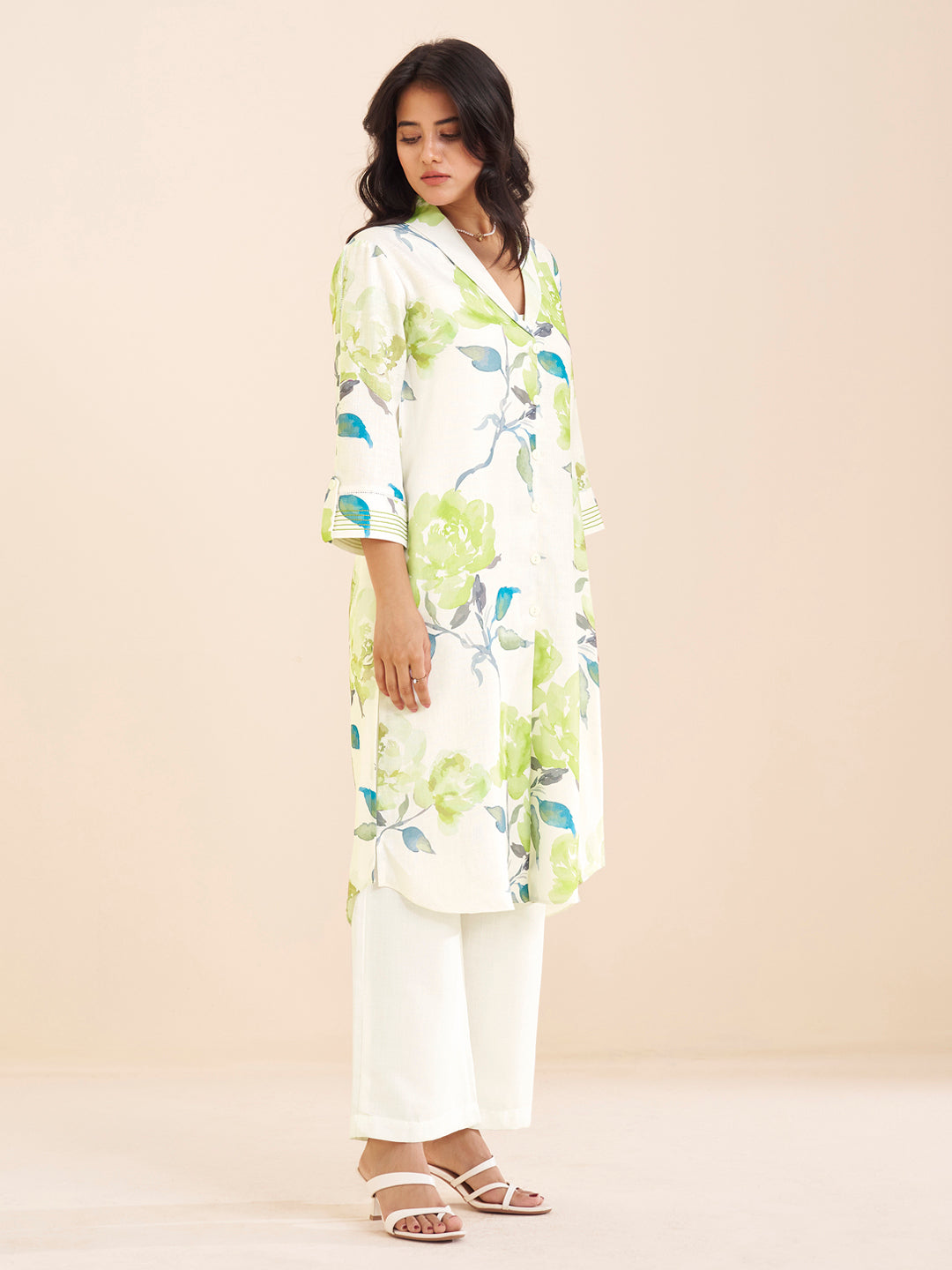 Elegant White Linen Blend Kurta with Green Floral Print