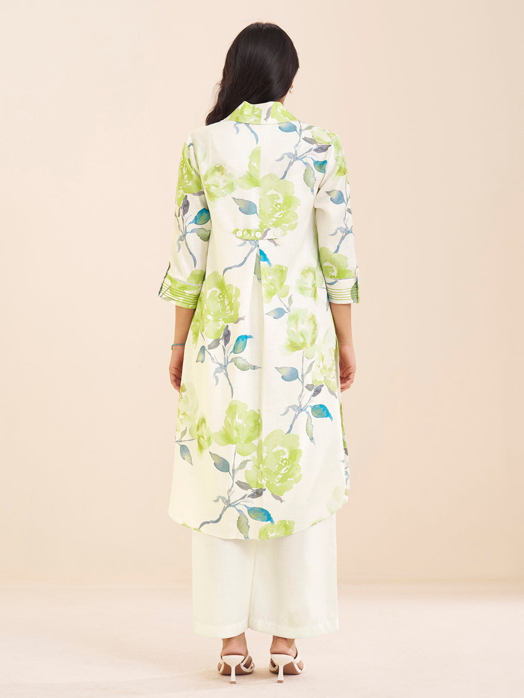 Elegant White Linen Blend Kurta with Green Floral Print